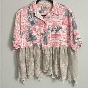 UPCYLED Sweet Cotton Primitive Farm Vintage Cottage Countryside Button Up Top